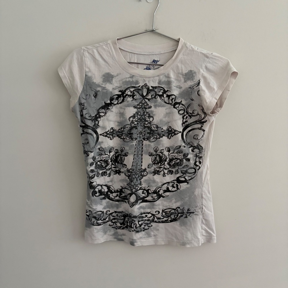 Piper & Blue Y2K Gothic Cross Graphic Tee White Gray Large